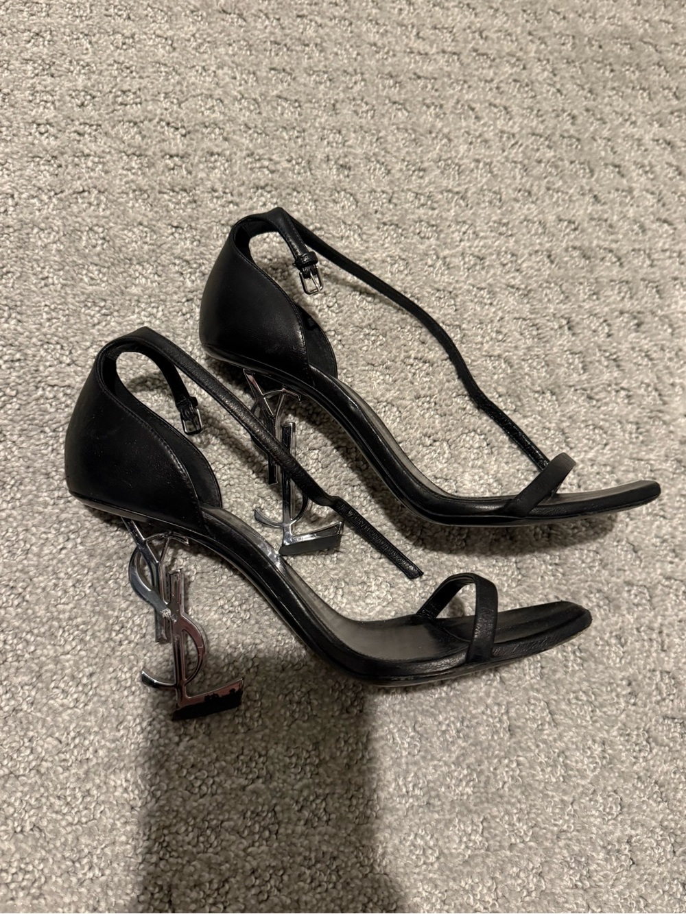 Saint Laurent Black Leather YSL Logo Heel Ankle-Strap Sandals